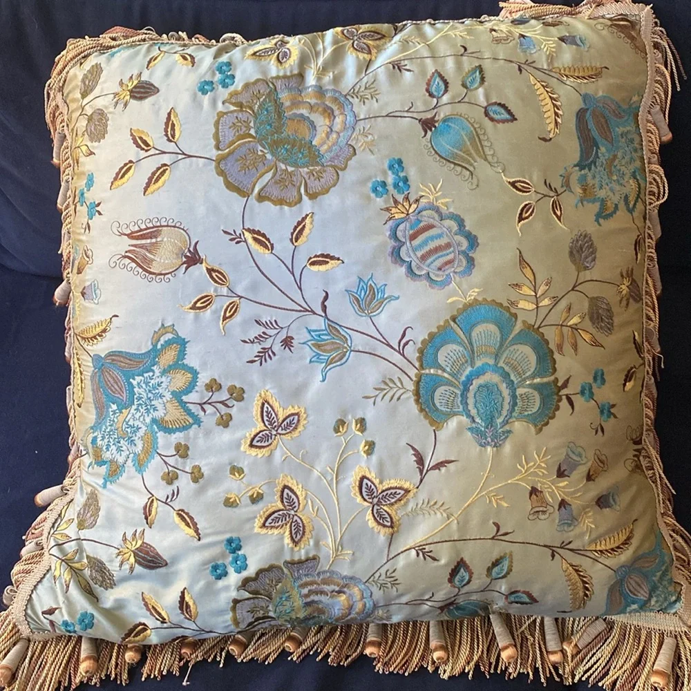 NWT Z Gallerie Silk Velvet Embroidered Throw Pillow 24x24 Blue Floral Fringe